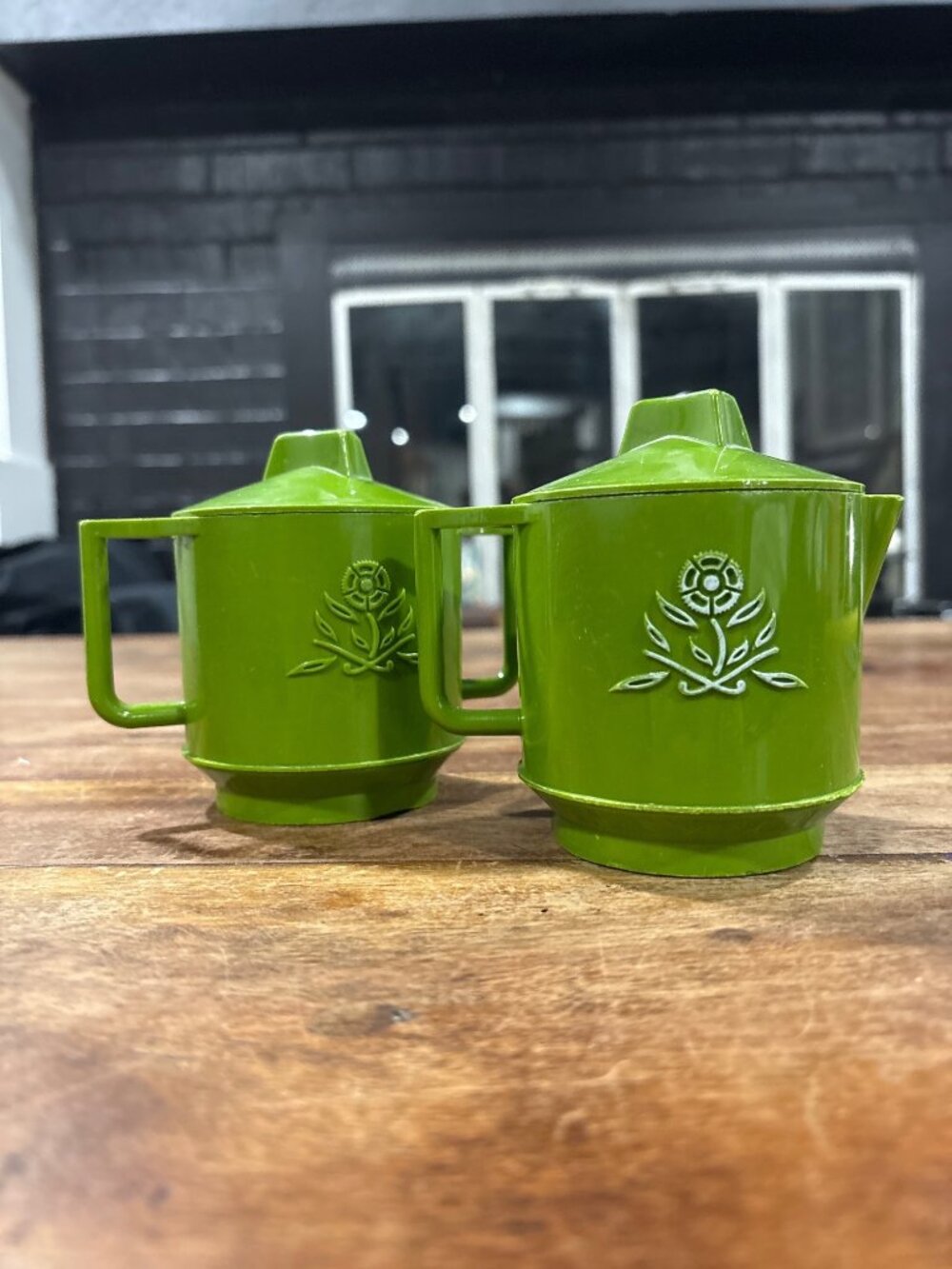 Vintage1060s Avocado Green Plastic Creamer & sugar Bowl Lid & Floral Design